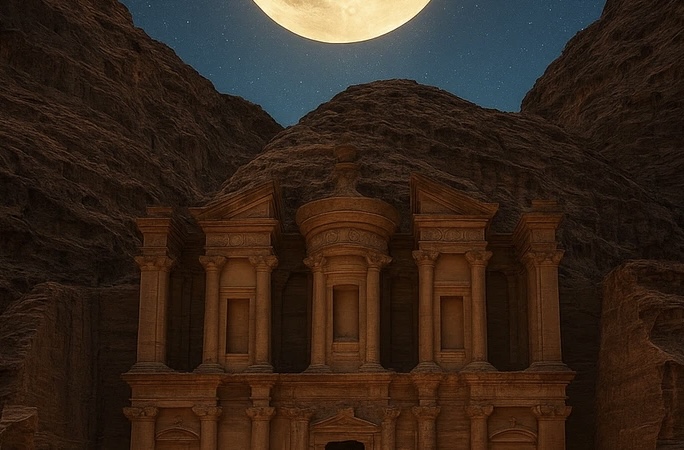 البترا تشهد ظاهرة فلكية نادرة: البدر العملاق فوق السيق بمحاذاة الخزنة