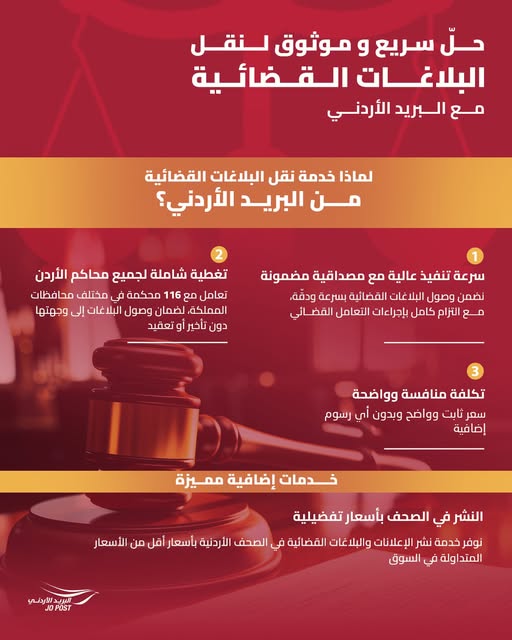 البريد الأردني: خدمة نقل بلاغات قضائية سريعة، موثوقة، وبخطوات مُبسَّطة