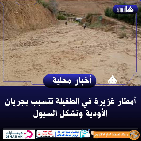 أمطار غزيرة في الطفيلة تتسبب بجريان الأودية وتشكل السيول