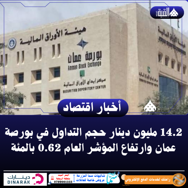 14.2مليون دينار حجم التداول في بورصة عمان وارتفاع المؤشر العام 0.62 بالمئة