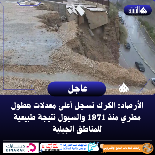 الأرصاد: الكرك تسجل أعلى معدلات هطول مطري منذ 1971 والسيول نتيجة طبيعية للمناطق الجبلية