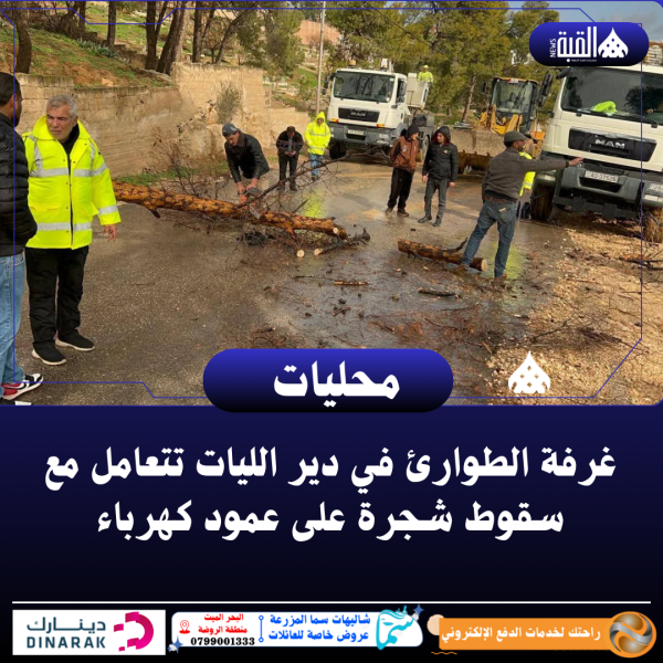 غرفة الطوارئ في دير الليات تتعامل مع سقوط شجرة على عمود كهرباء
