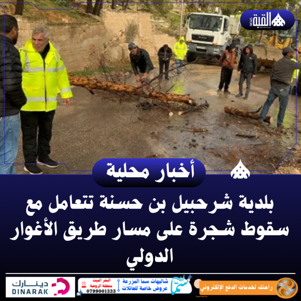 بلدية شرحبيل بن حسنة تتعامل مع سقوط شجرة على مسار طريق الأغوار الدولي