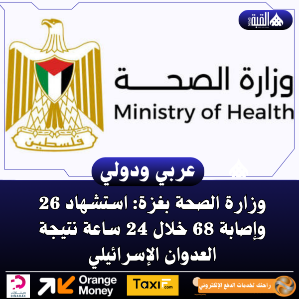 وزارة الصحة بغزة: استشهاد 26 وإصابة 68 خلال 24 ساعة نتيجة العدوان الإسرائيلي