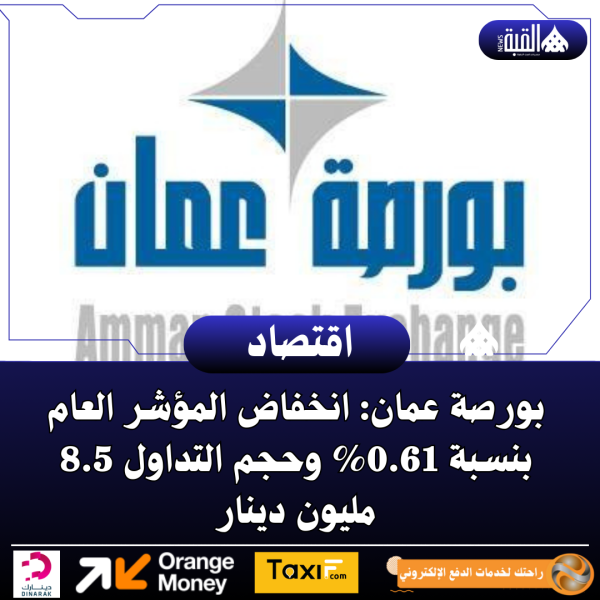 بورصة عمان: انخفاض المؤشر العام بنسبة 0.61 وحجم التداول 8.5 مليون دينار