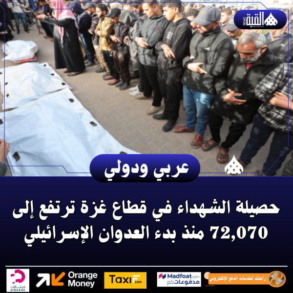 حصيلة الشهداء في قطاع غزة ترتفع إلى 72#44;070 منذ بدء العدوان الإسرائيلي