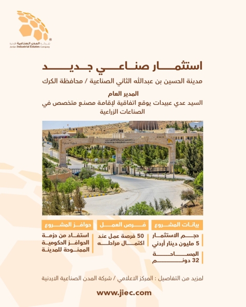 الحسين الصناعية بالكرك تستقطب استثمارًا زراعيًا جديدًا بقيمة 5 ملايين دينار