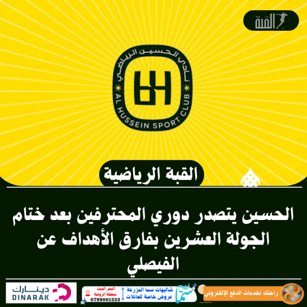 الحسين يتصدر دوري المحترفين بعد ختام الجولة العشرين بفارق الأهداف عن الفيصلي