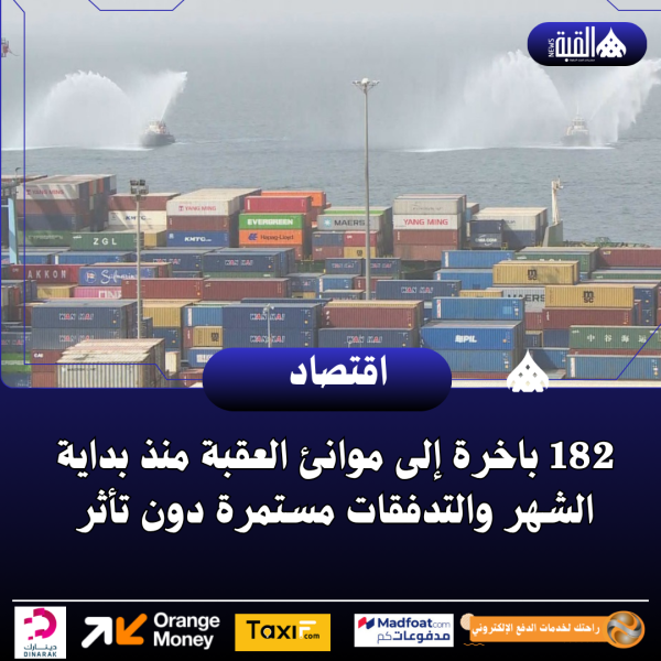 182 باخرة إلى موانئ العقبة منذ بداية الشهر والتدفقات مستمرة دون تأثر