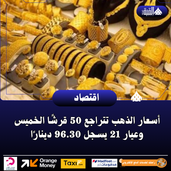 أسعار الذهب تتراجع 50 قرشًا الخميس وعيار 21 يسجل 96.30 دينارًا