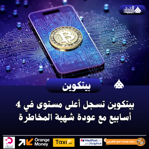 بيتكوين تسجل أعلى مستوى في 4 أسابيع مع عودة شهية المخاطرة