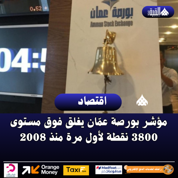 مؤشر بورصة عمّان يغلق فوق مستوى 3800 نقطة لأول مرة منذ 2008
