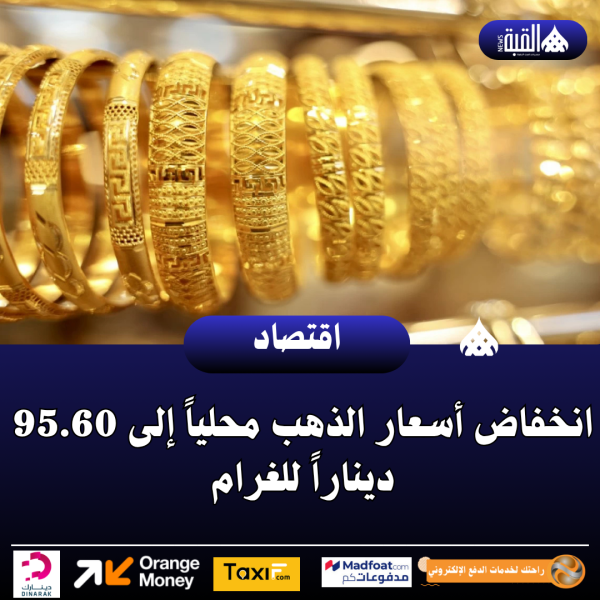 انخفاض أسعار الذهب محلياً إلى 95.60 ديناراً للغرام