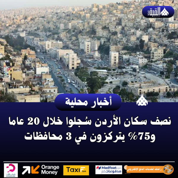 نصف سكان الأردن سُجلوا خلال 20 عاما و75 يتركزون في 3 محافظات