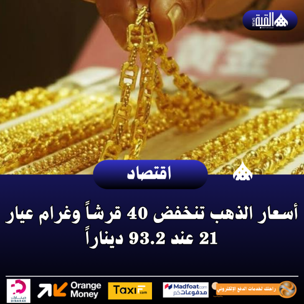 أسعار الذهب تنخفض 40 قرشاً وغرام عيار 21 عند 93.2 ديناراً