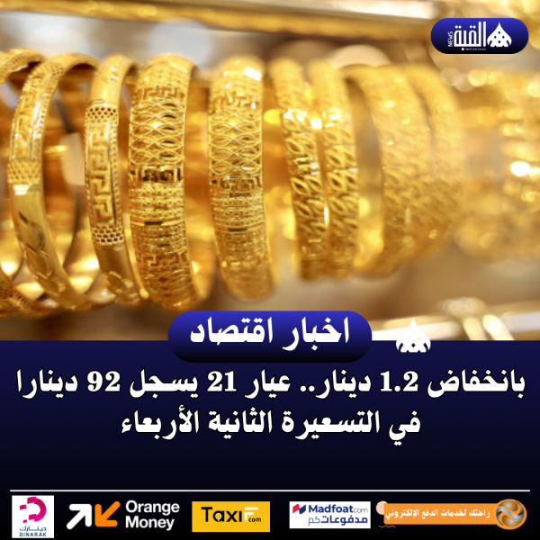 بانخفاض 1.2 دينار.. عيار 21 يسجل 92 دينارا في التسعيرة الثانية الأربعاء