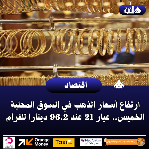 ارتفاع أسعار الذهب في السوق المحلية الخميس.. عيار 21 عند 96.2 دينارا للغرام
