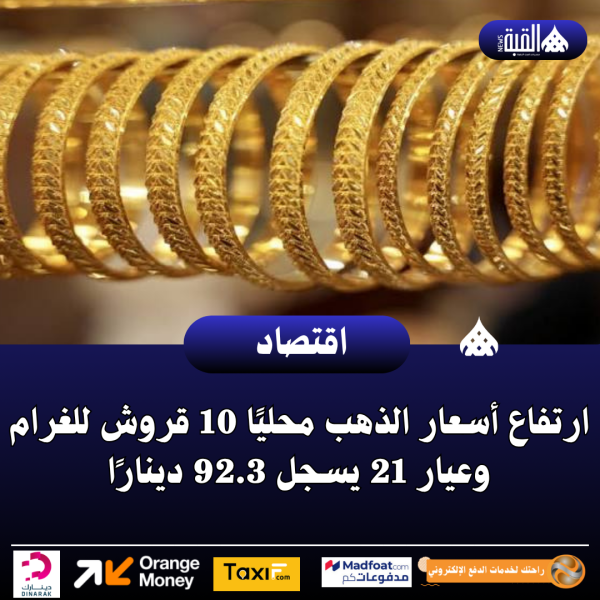ارتفاع أسعار الذهب محليًا 10 قروش للغرام وعيار 21 يسجل 92.3 دينارًا
