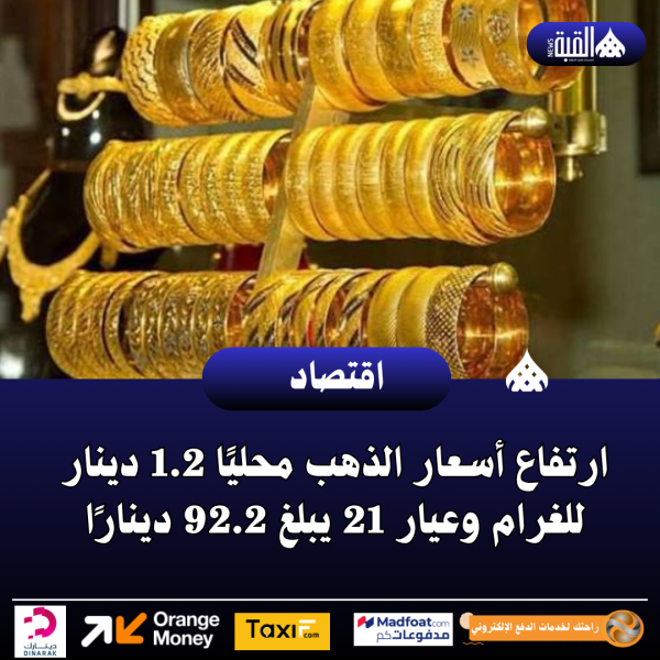 ارتفاع أسعار الذهب محليًا 1.2 دينار للغرام وعيار 21 يبلغ 92.2 دينارًا