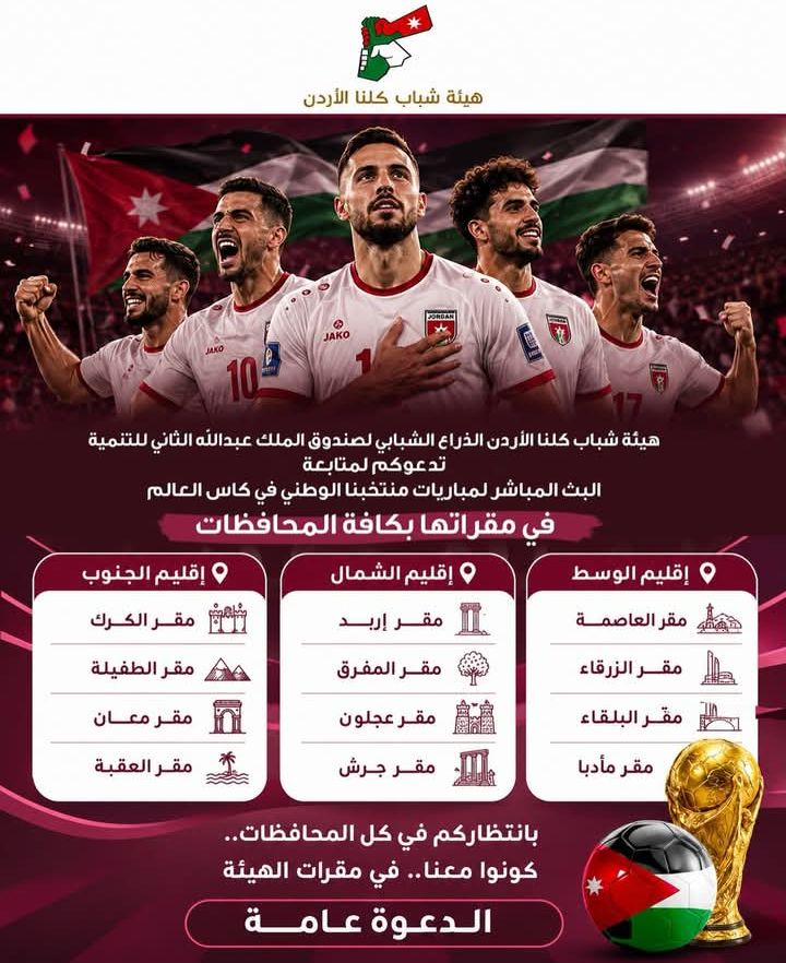 هيئة شباب كلنا الأردن تستقبل محبي النشامى لمتابعة مباريات كأس العالم