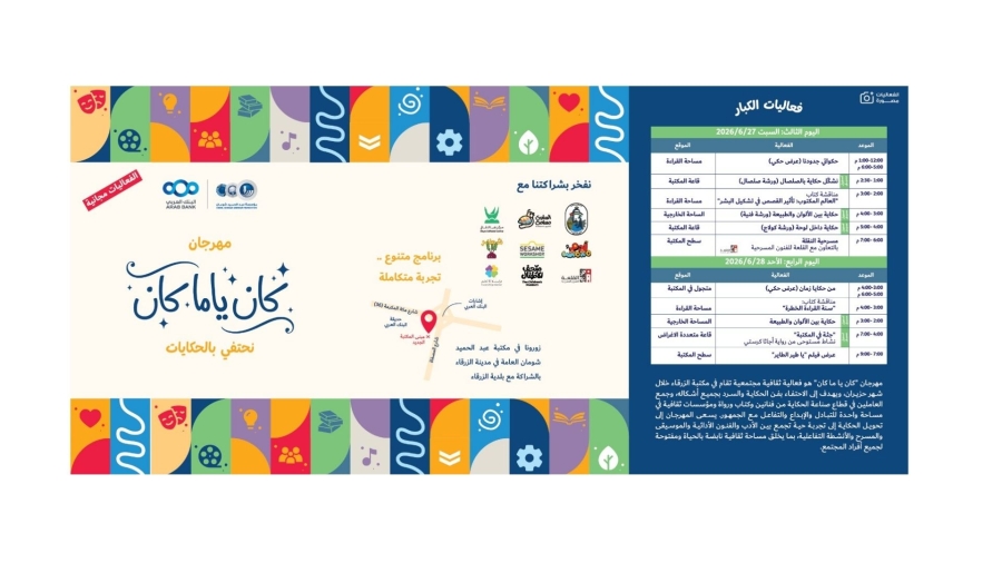 انطلاق مهرجان كان ياما كان في مكتبة شومان بالزرقاء.. غدًا