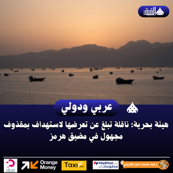 هيئة بحرية: ناقلة تبلغ عن تعرضها لاستهداف بمقذوف مجهول في مضيق هرمز