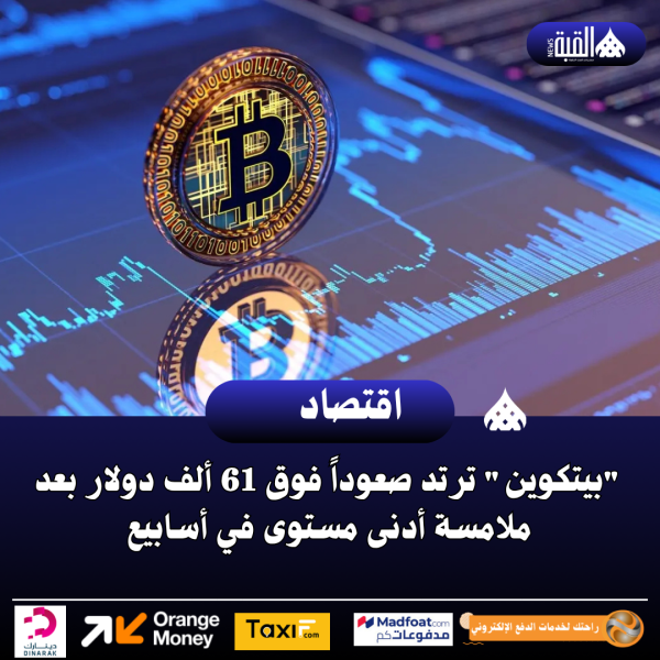 بيتكوين ترتد صعوداً فوق 61 ألف دولار بعد ملامسة أدنى مستوى في أسابيع