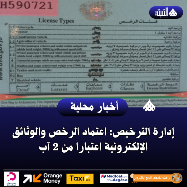 إدارة الترخيص: اعتماد الرخص والوثائق الإلكترونية اعتبارا من 2 آب