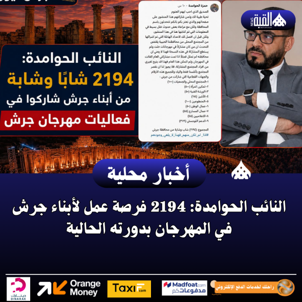 النائب الحوامدة: 2194 فرصة عمل لأبناء جرش في المهرجان بدورته الحالية