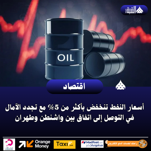 أسعار النفط تنخفض بأكثر من 5 مع تجدد الآمال في التوصل إلى اتفاق بين واشنطن وطهران