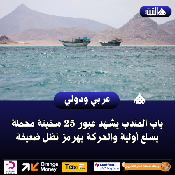 باب المندب يشهد عبور 25 سفينة محملة بسلع أولية والحركة بهرمز تظل ضعيفة