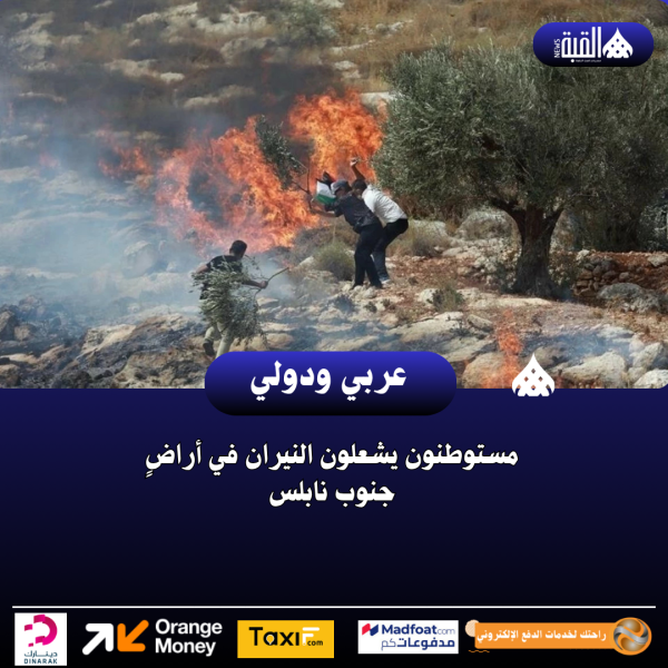مستوطنون يشعلون النيران في أراضٍ جنوب نابلس