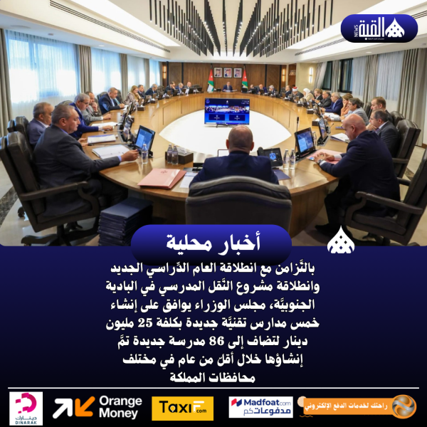 بالتَّزامن مع انطلاقة العام الدِّراسي الجديد وانطلاقة مشروع النَّقل المدرسي في البادية الجنوبيَّة، مجلس الوزراء يوافق على إنشاء خمس مدارس تقنيَّة جديدة بكلفة 25 مليون دينار لتضاف إلى 86 مدرسة جديدة تمَّ إنشاؤها خلال أقلّ من عام في مختلف محافظات المملكة