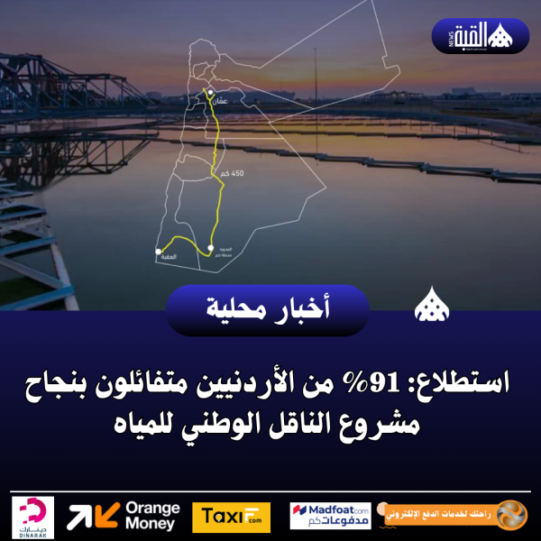 استطلاع: 91 من الأردنيين متفائلون بنجاح مشروع الناقل الوطني للمياه