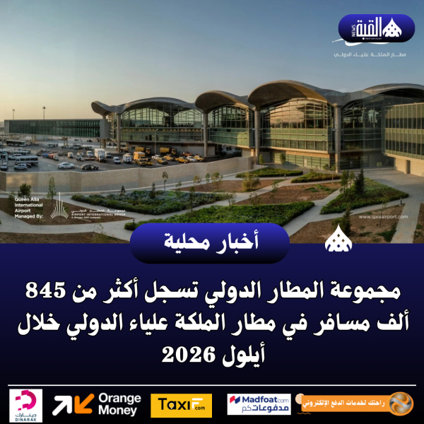 مجموعة المطار الدولي تسجل أكثر من 845 ألف مسافر في مطار الملكة علياء الدولي خلال أيلول 2026