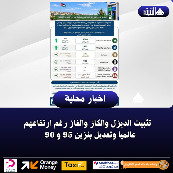 تثبيت الديزل والكاز والغاز رغم ارتفاعهم عالميا وتعديل بنزين 95 و 90